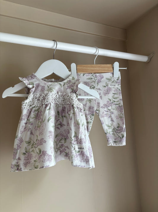 Set klänning och byxor blommigt vit/lila stl 56 (1-2 mån) - Newbie