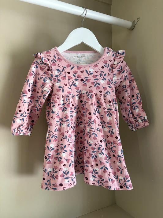Långärmad klänning rosa med blommor stl 80 (9-12 mån) - Polarn O. Pyret