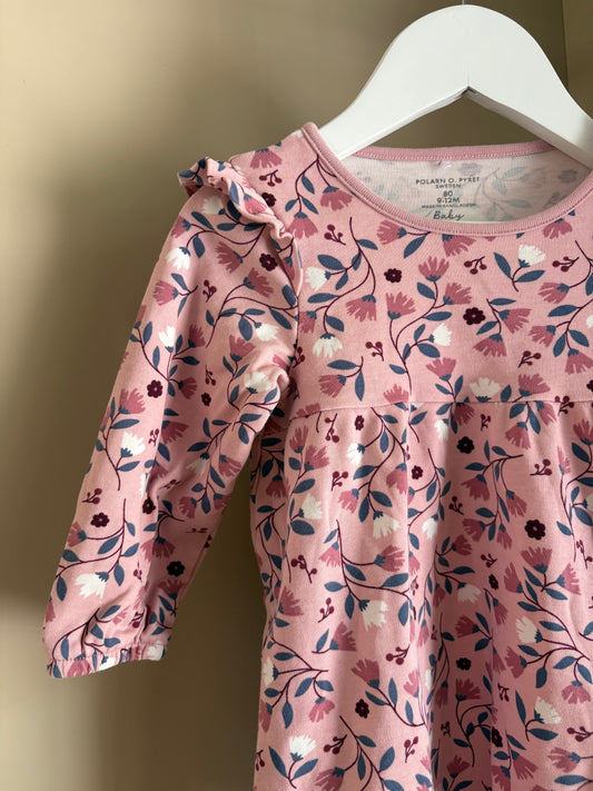 Långärmad klänning rosa med blommor stl 80 (9-12 mån) - Polarn O. Pyret